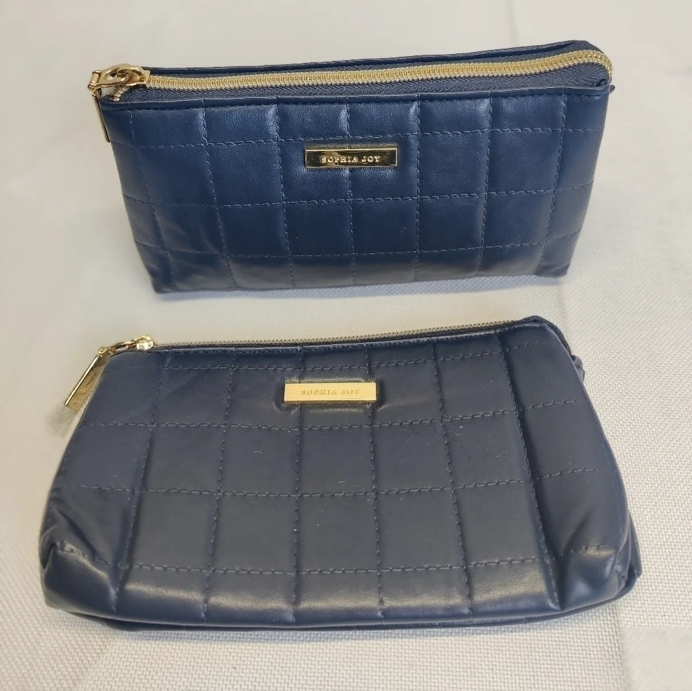 Two New Sophia Joy Makeup Bags Soft Quilted Navy Blue Faux Leather Zippers 4x7